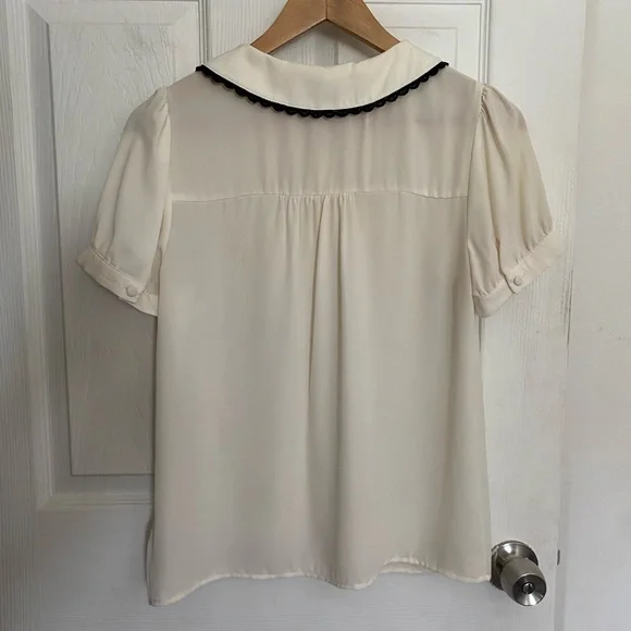 White Button Blouse with Black Lace Peter Pen Collar Schoolgirl Cosplay Coquette - Picture 7 of 12